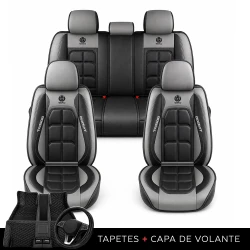 Kit Completo de Capas para Banco de Carro Velox em Couro Legítimo Universal 5 Lugares Com Airbag + Tapetes e Capa de Volante