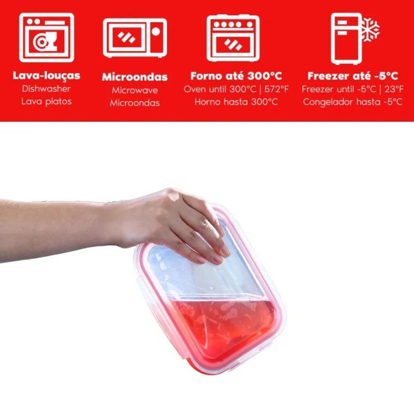 Kit com 3 Potes de Vidro Herméticos Retangulares 1,5L Invicta