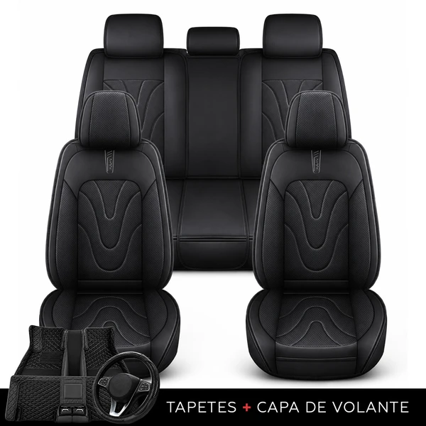 Kit Completo de Capas para Banco de Carro Aureon em Couro Legítimo Universal 5 Lugares Com Airbag + Tapetes e Capa de Volante