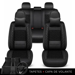 Kit Completo de Capas para Banco de Carro Nureon em Couro Legítimo Universal 5 Lugares Com Airbag + Tapetes e Capa de Volante