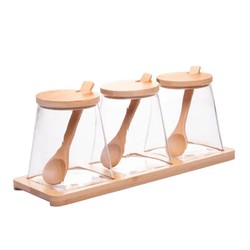 Jogo 3 Potes Vidro Colher Tampa e Suporte Bambu