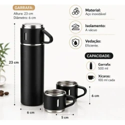 Garrafa Térmica 500ml em Aço Inoxidável com 3 Xícaras