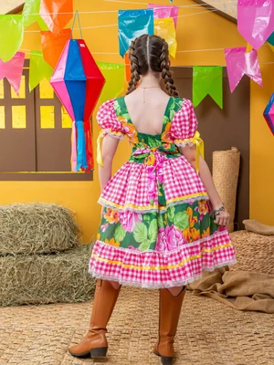 Vestido Junino - Xadrez Com Rosas E laço 