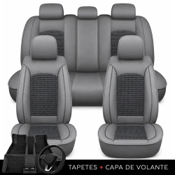 Kit Completo de Capas para Banco de Carro Turbo em Couro Legítimo Universal 5 Lugares Com Airbag + Tapetes e Capa de Volante