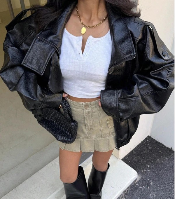 Jaqueta Feminina Oversized Couro Eco Gola Alta Estilo Europeia Vintage Premium Vynara