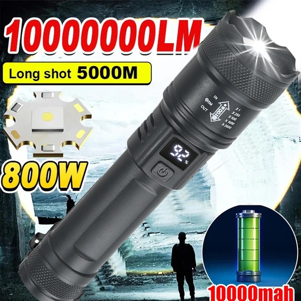 Forte Poder Lanternas LED, Tocha Tática, Display Luz, Carregamento USB, Camping, Pesca, Lanterna Zoom de Emergência, 2000LM, Alta