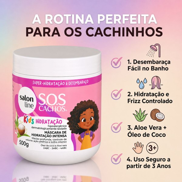 Salon Line SOS Cachos Kids Máscara Capilar Infantil Hidratação Intensa Cachinhos Ondulados Cacheados Crespos Vegana Hipoalergênica a partir de 3 Anos