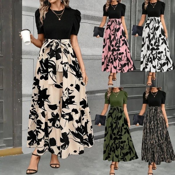 Vestido Longo Estampado Floral Feminino Com Bloco Decote Redondo De Cores Damasco E Cinto Estampado