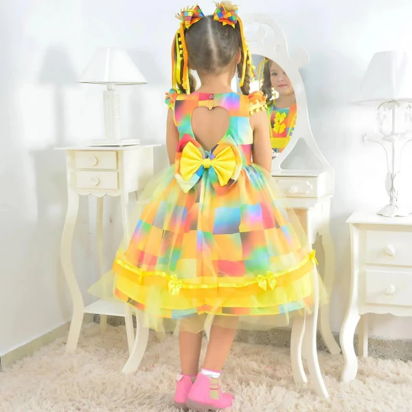 Vestido Festa Junina Xadrez  + Saia de Armação + 2 Laços