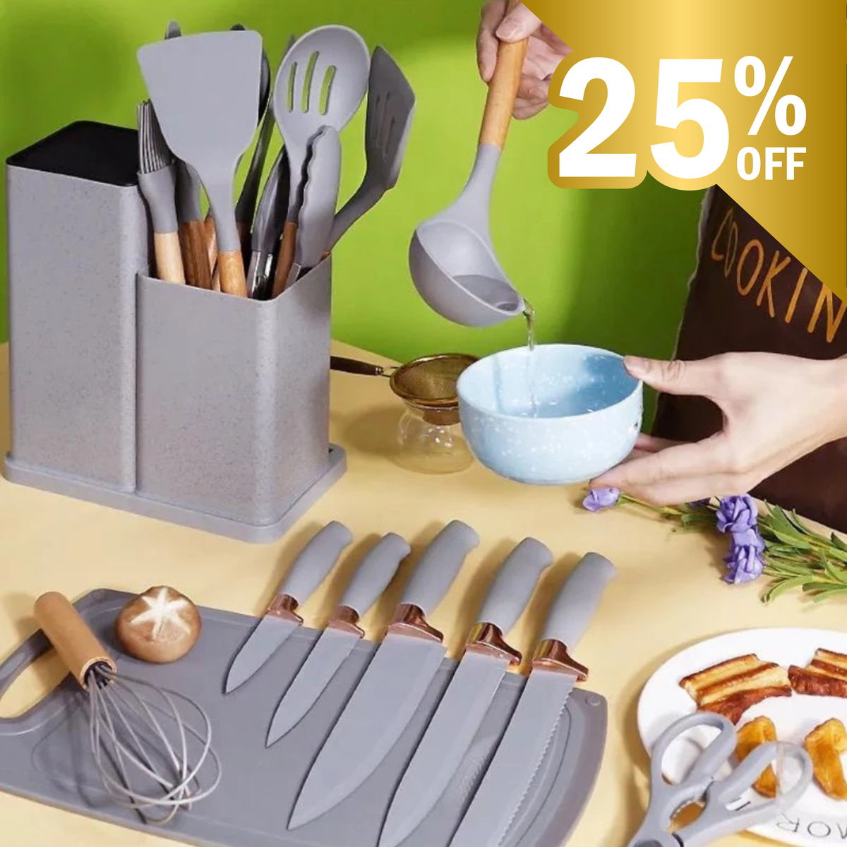 Conjunto de 19 Utensílios de Silicone com Facas e Tábua — foto 2