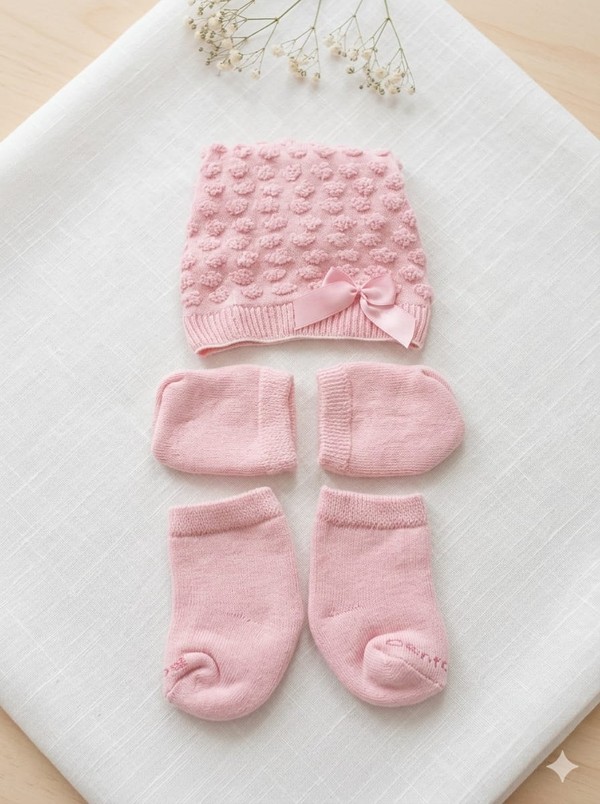 KIT BEBE LUVA/PAR DE LUVAS/ SAPATINHO ROSA CENTOPE