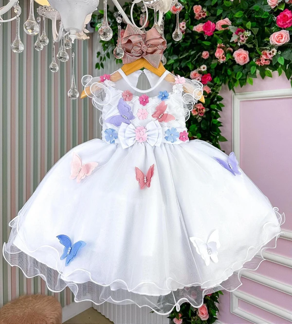 Vestido Luxo com Aplicações de Borboleta - Jardim Encantado - Branco 