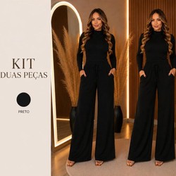 Conjunto Feminino Inverno Calça Pantalona e Blusa Manga Longa Elegante