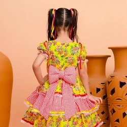 Vestido Junino - Xadrez Florido - Amarelo C/Vermelho