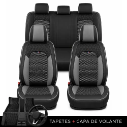 Kit Completo de Capas para Banco de Carro Reverse em Couro Legítimo Universal 5 Lugares Com Airbag + Tapetes e Capa de Volante