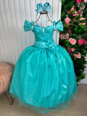 Vestido Luxuoso Longo - Manga Princesa - Verde Tiffany