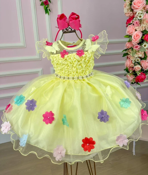 Vestido Fantasia Luxo - Jardim Encantado Amarelo - Acompanha Asa