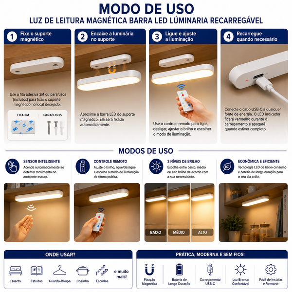 Luminária de Leitura Magnética Barra LED Recarregável