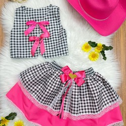 Conjunto Xadrez - Preto C/ Rosa e Laços 