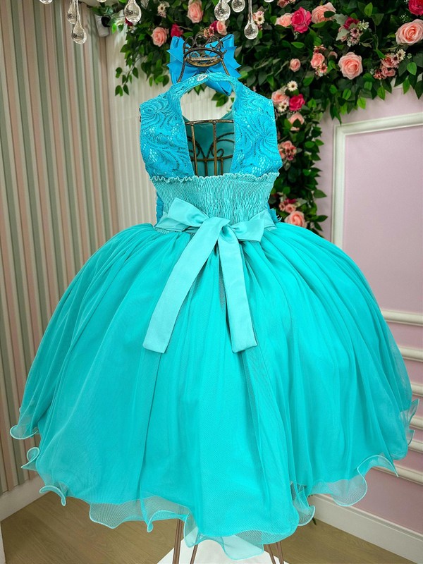 Vestido Luxo Bordado Floral - Verde Tiffany 