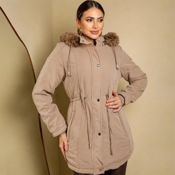 [Pague 1 Leve 2] Parka Feminina Forrada com Capuz Removível e Ajuste na Cintura