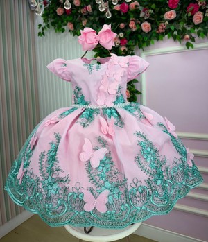 Vestido Luxuoso - Jardim Encanto - Rosa C/Verde Tiffany 