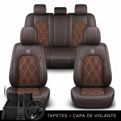 Kit Completo de Capas para Banco de Carro Evurion em Couro Legítimo Universal 5 Lugares Com Airbag + Tapetes e Capa de Volante
