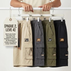 [Leve 4, Pague 2] Bermuda Zader Masculina em Algodão Twill, Poliéster e Elastano de Modelagem Ampla com Bolsos Cargo Utilitários 