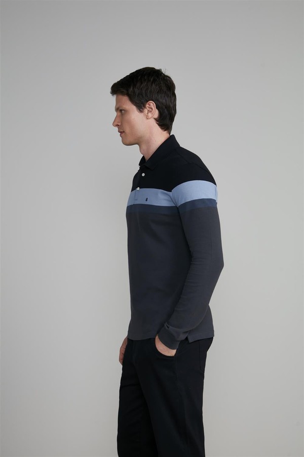 Camisa Polo Manga Longa Piquet Slim Fit - Preto-Cinza Chumbo