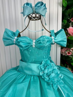 Vestido Luxuoso Longo - Manga Princesa - Verde Tiffany