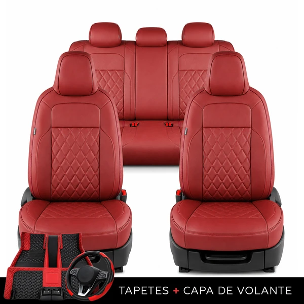 Kit Completo de Capas para Banco de Carro Evurus em Couro Legítimo Universal 5 Lugares Com Airbag + Tapetes e Capa de Volante