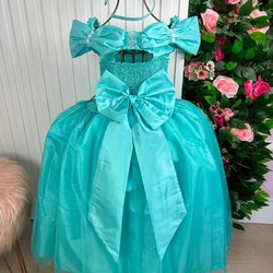 Vestido Luxuoso Longo - Manga Princesa - Verde Tiffany