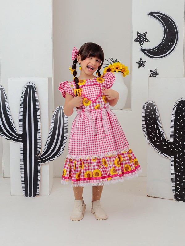 Vestido Xadrez Junino - Rosa Girassol 