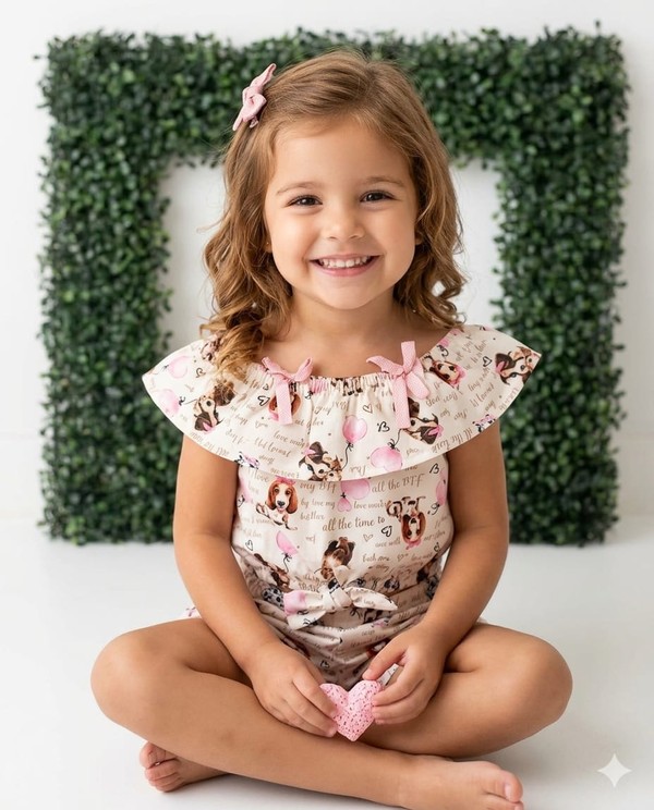 1251 Conjunto Bata e Shorts Crepe Estampa Cachorros Off White/Rosa Lepetit 