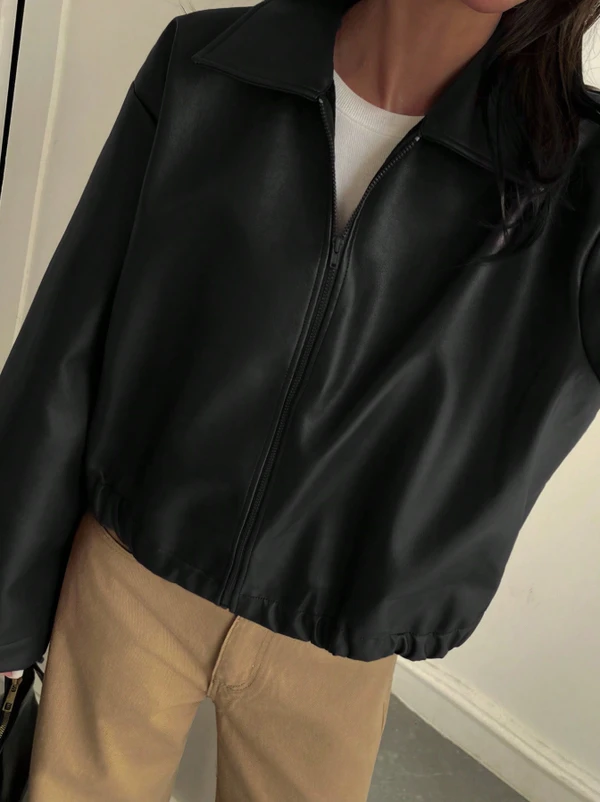 Velour Jaqueta Casual Solta de Couro Sintético Feminina, Ajuste Regular, Outono/Inverno