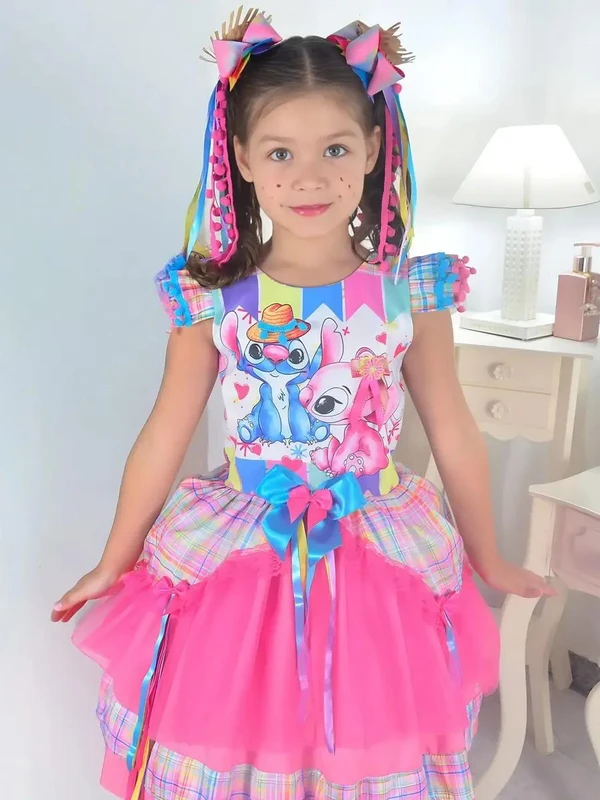 Vestido Stitch e Lilo Festa Junina Xadrez Rosa Quadrilha