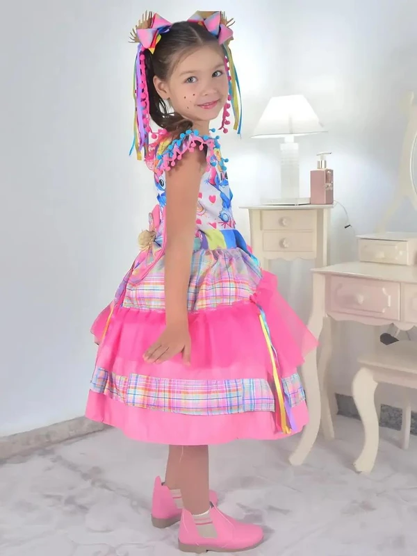 Vestido Stitch e Lilo Festa Junina Xadrez Rosa Quadrilha