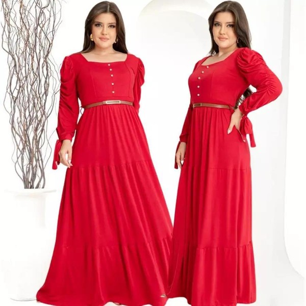 Vestido Longo Feminino Manga Longa Com Perolas E Laço Moda Evangelica Plus Size Para Congresso Luxo