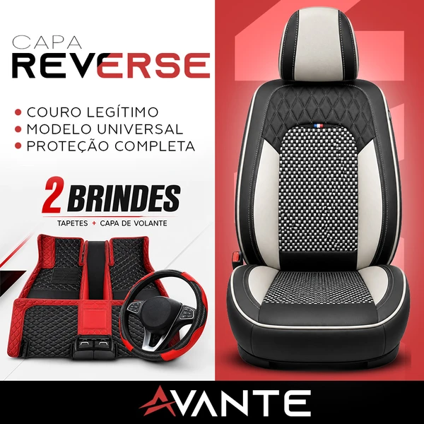 Kit Completo de Capas para Banco de Carro Reverse em Couro Legítimo Universal 5 Lugares Com Airbag + Tapetes e Capa de Volante