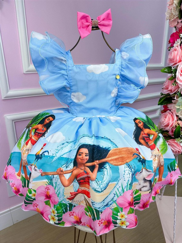 Vestido temático Estampado - Moana - Azul Claro 