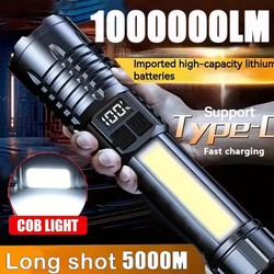 Lanterna led de alta potência poderosa TYPE-C recarregável cob lanterna com luz lateral tocha para acampamento ao ar livre caminhadas