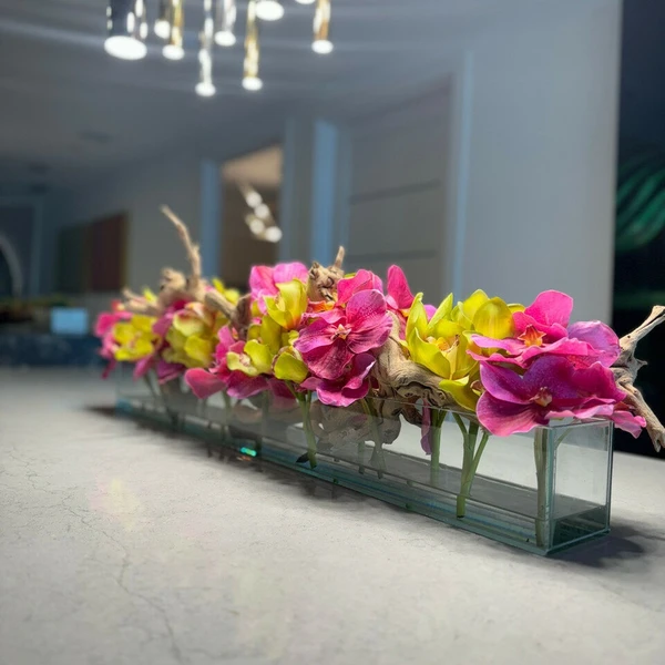 Vaso de Vidro Casa Moderna com Vandas Rosa e Cymbidiums Verdes