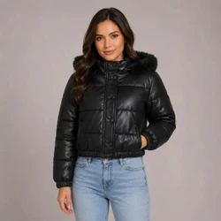 Jaqueta Puffer Feminina De Couro Forrada com Pelinho