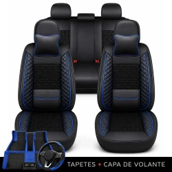 Kit Completo de Capas para Banco de Carro Nureon em Couro Legítimo Universal 5 Lugares Com Airbag + Tapetes e Capa de Volante