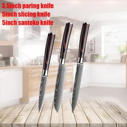 Conjunto de facas de cozinha em aço inoxidável, Laser Damasco, Japonês Santoku Cleaver, Fatiar Utilitário Chef Faca, 7CR17, 440C, 3 Pcs