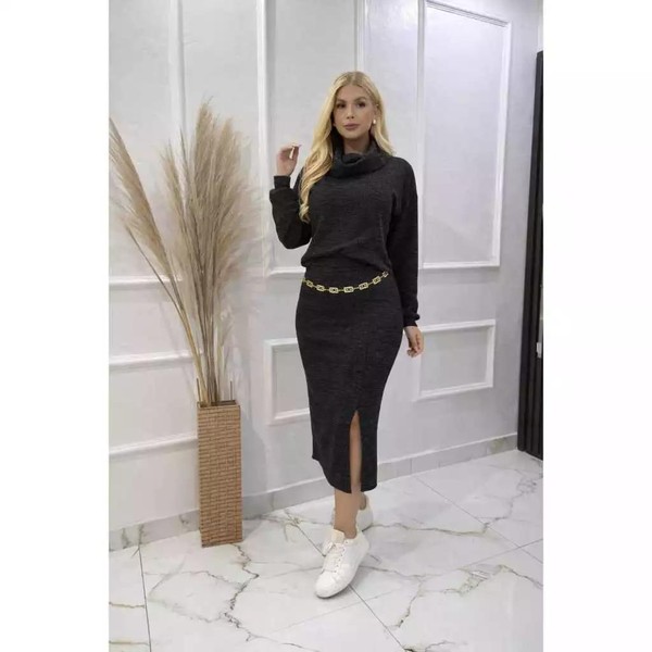 Conjunto Feminino Saia Midi+Blusa Manga Longa Gola Alta Tecido Canelado Inverno Elegante com Fenda
