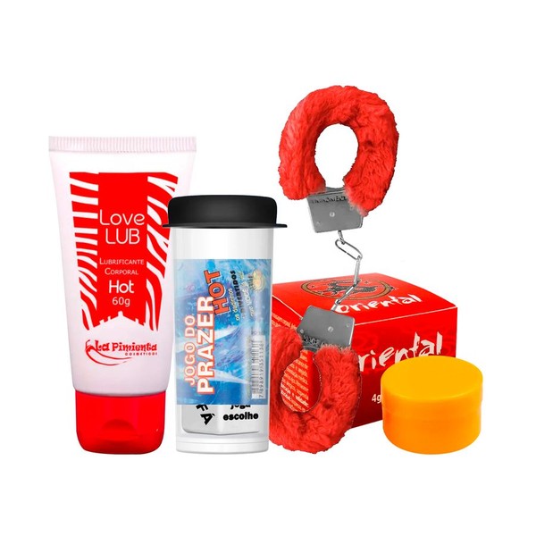 Kit com Love Lub Lubrificante Hot Pomada Oriental Creme de Massagem Dados Eróticos e Algema MyCuff