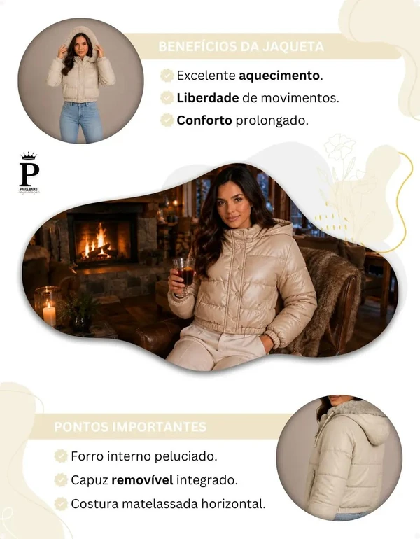 Jaqueta Puffer Feminina De Couro Forrada com Pelinho