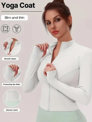 Jaqueta fitness feminina, blusa justa de secagem rápida, coleção outono 2025, manga longa com proteção solar, gola alta, ideal para esportes e Pilates.