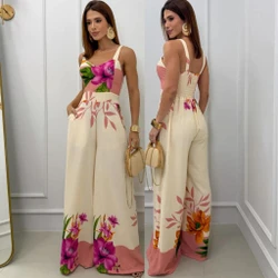 MACACÃO FEMININO PANTALONA ESTAMPADO COM BOLSO ALÇAS LARGAS